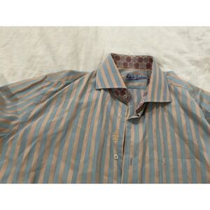 Robert Graham Mens Striped Button Down Shirt Blue Tan L/XL 17 Cotton